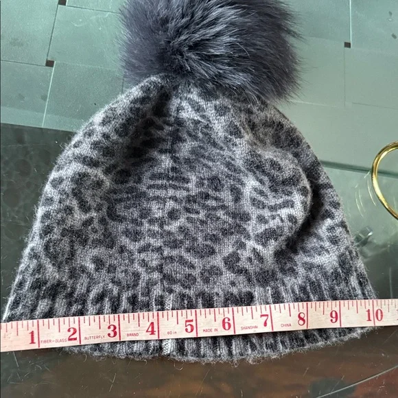 Sofia Cashmere Gray Leopard Print Pom-Pom Hat 80%Cashmere 20%Metallic Sofia Cashmere Dip-Dye Leopard-Print Cashmere Beanie on SALE  main image 4
